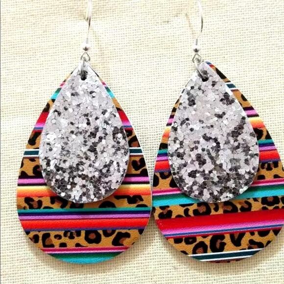Leopard Serape Glitter Boho Vegan Leather Teardrop Earrings - Picture 1 of 2